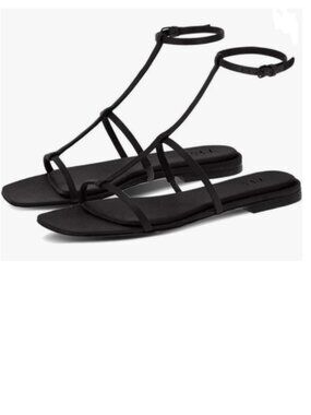 FYS Black Square Open Toe Sandals Backless Ankle Strap Flats Casual Beach Shoes
